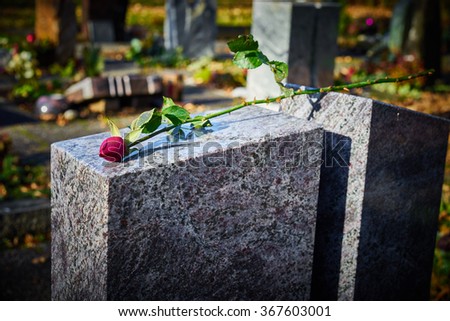 Gravestone with withered rose / Tombstone on graveyard / Sorrow about loss of beloved ones