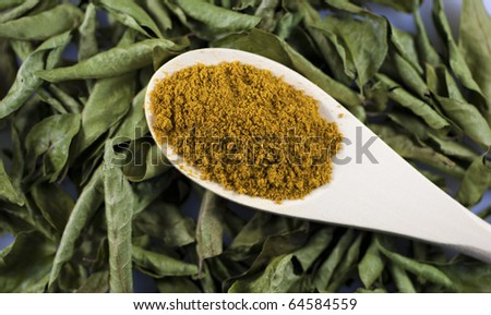Curry powder on spoon and curry leaves