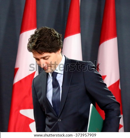 OTTAWA, CANADA - FEB 8, 2016: Prime Minister Justin Trudeau announces all Canadian airstrikes against the Islamic State in Iraq and Syria (ISIS) will cease by Feb. 22, 2016.