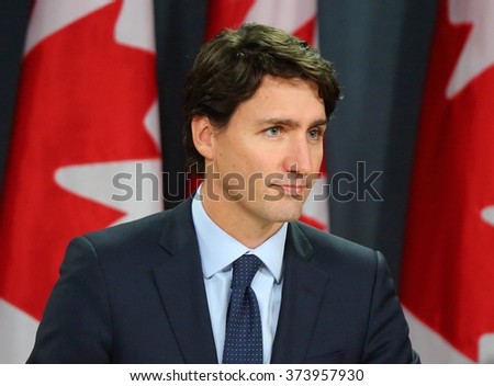 OTTAWA, CANADA - FEB 8, 2016: Prime Minister Justin Trudeau announces all Canadian airstrikes against the Islamic State in Iraq and Syria (ISIS) will cease by Feb. 22, 2016.