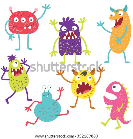 Set of cute silly monsters set with different emotions - happy, smiling, surprised, angry,  anxious and foolish.