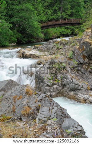 running creek and bridge in little qualicum falls, vancouver island, bc, canada