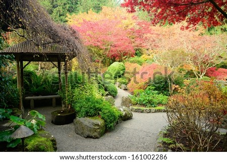 autumn landscape in Japanese Garden of the national historical site Butchart Gardens, Vancouver island, British Columbia, Canada