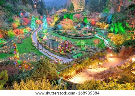 Beautiful garden night scene in Christmas at the canadian national historical site butchart gardens, victoria, british columbia, canada
