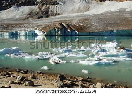 Glacier lake and ice under mountain edith cavell in august, jasper national park, Alberta, Canada
