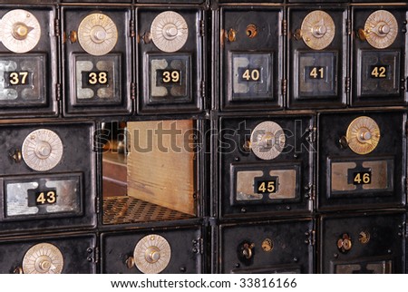 Close up of a vintage mailboxes , it was used in around 1900, now many antiques like this have been kept well for display in the fort edmonton park, edmonton, alberta, canada