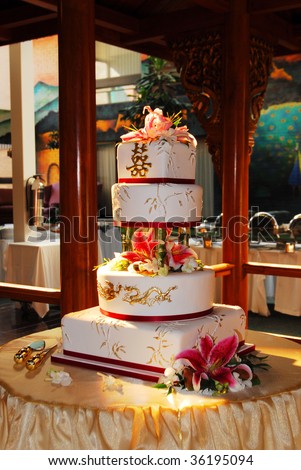 stock photo Traditional chinese wedding cake at sunset moment in a hotel 