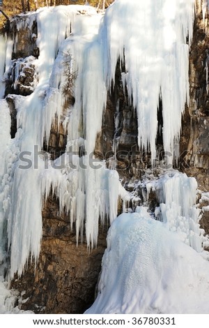 Winter creek and frozen waterfall at Johnston canyon, alberta, canada