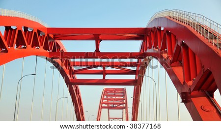 Details of a red modern bridge design and structure