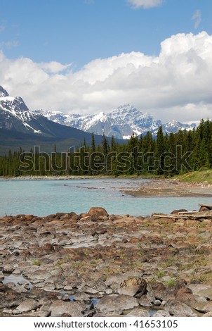 Summer view of rocky mountains and river in jasper national park, alberta, canada