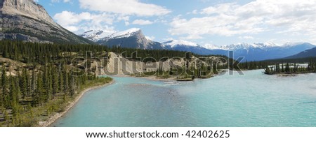 Panoramic view of the origin of north saskatchewan river from snow mountains at banff national park, alberta, canada
