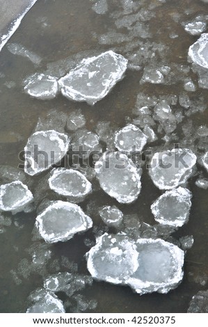 Close up view of the river with floating ice blocks in early winter