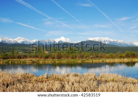 Spring view of canadian rocky mountains and river in kootenay national park, british columbia, canada