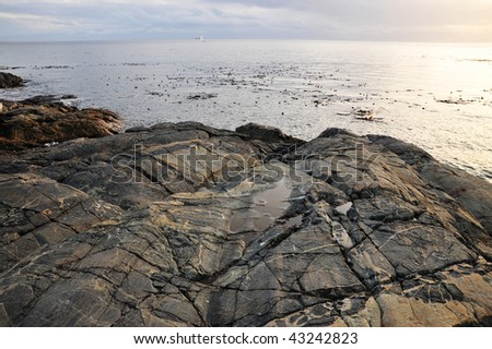 Rocks on sea shore in sunset moment, victoria, british columbia, canada