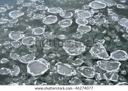 Close up view of the river with floating ice blocks in early winter