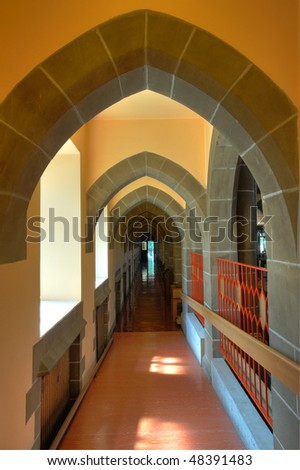Interior arches and corridor of a historical church in victoria, british columbia, canada