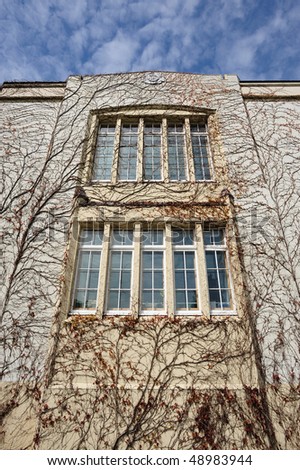 Ivy and window in spring at historic hatley castle (built in 1908) in city colwood in vancouver island, british columbia, canada