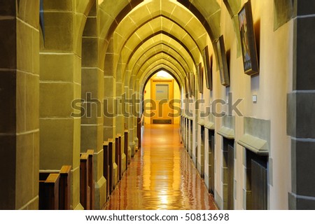 Interior arches and corridor of a historical church in victoria, british columbia, canada