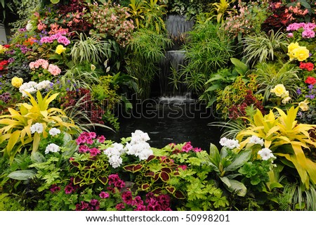 Flowers and waterfall in indoor garden, vancouver island, british columbia, canada