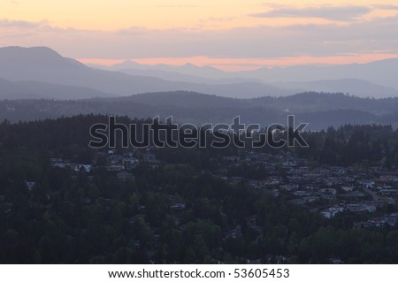 City victoria and sooke hills at sunset moment, british columbia, canada