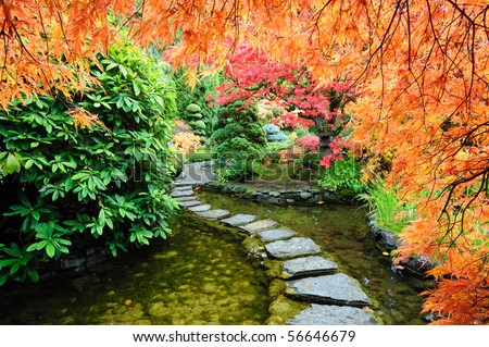 Pond and path of the japanese garden inside the famous historic butchart gardens (built in 1903), vancouver island, british columbia, canada