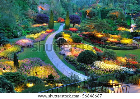 summer garden lighting in butchart gardens, victoria, bc, canada
