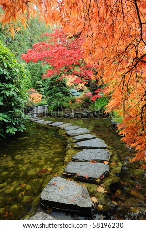 The autumnal look of the japanese garden inside the famous historic butchart gardens (built in 1903), vancouver island, british columbia, canada