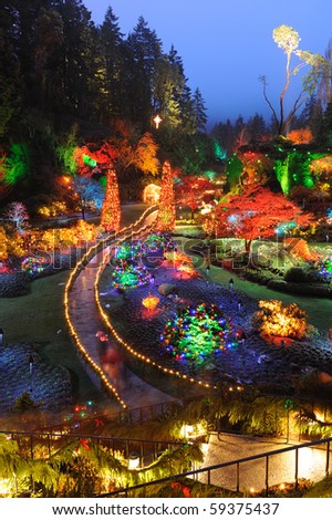 Beautiful garden night scene in Christmas in butchart gardens, victoria, british columbia, canada