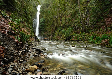 Niagara waterfall and creek in rain forest, goldstream provincial park, victoria, bc, canada