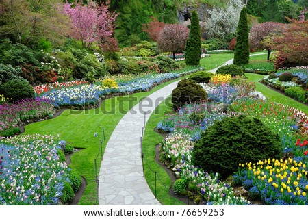 landscape of butchart garden in spring, victoria, british columbia, canada