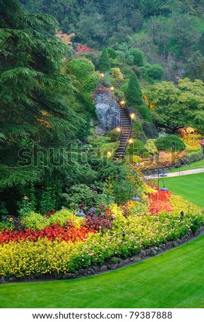 beautiful garden scene at butchart gardens, victoria, british columbia, canada