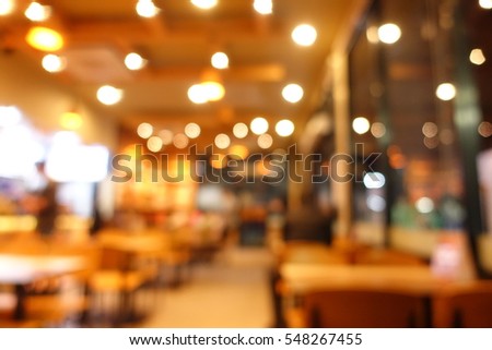 Fast food restaurant, burger shop store interior, abstract blur background