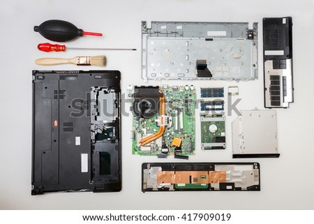 Mixed part in laptop computer,Repair computer concept,Top view