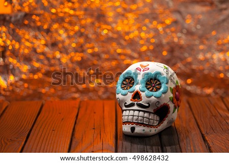 Halloween Dia De Los Muertos Celebration Background With Sugar Skull. Wide Shot Selective Focus With Copy Space.