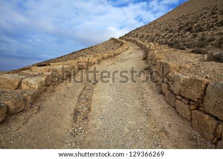 Path on the mountain to reach the ruins of King Herod\'s Castle in Mukawir (Mkawer) in Jordan, Arabia, Middle East