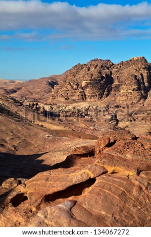 Mountains of World Heritage Site Petra in the morning sun (South Jordan, Middle East)
