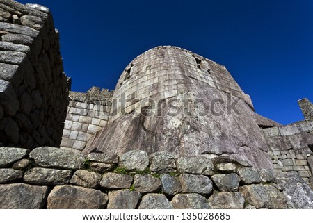 Temple of the Sun in the lost Inca city Machu Picchu, Andes mountains, Peru, South America