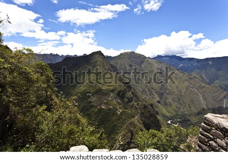 View at the lost Inca city Machu Picchu from the Huayna Picchu mountain - Peru, South America