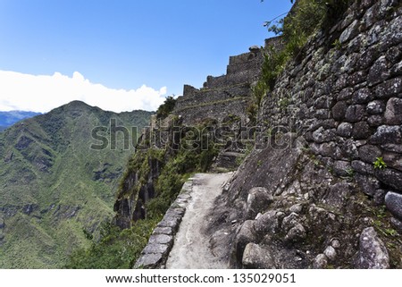 The top of the famous Inca mountain Huayna Picchu, next to Machu Picchu, Peru, South America