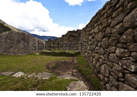 Central square of Machu Picchu ruins, the lost Inca city in the Andes mountains, Peru, South America