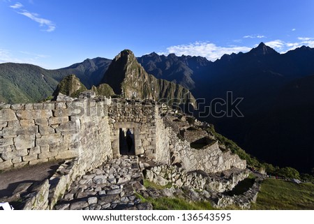 Early morning at Machu Picchu, the lost Inca city in the Andes mountains, Peru, South America