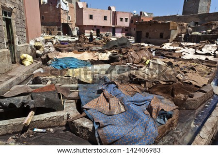Leather tanneries in the old medina (old town) of Marrakesh, Central Morocco, North Africa.