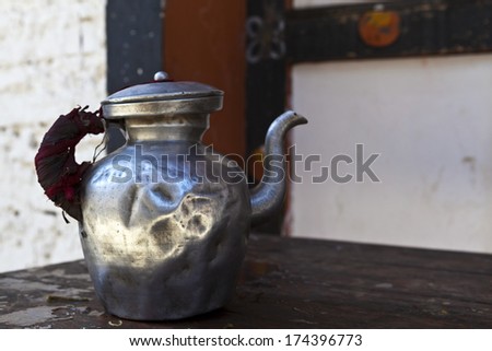 Tea pots made of steel in a Bhutanese monastery (dzong) in the Buddhist Kingdom of Bhutan, Asia