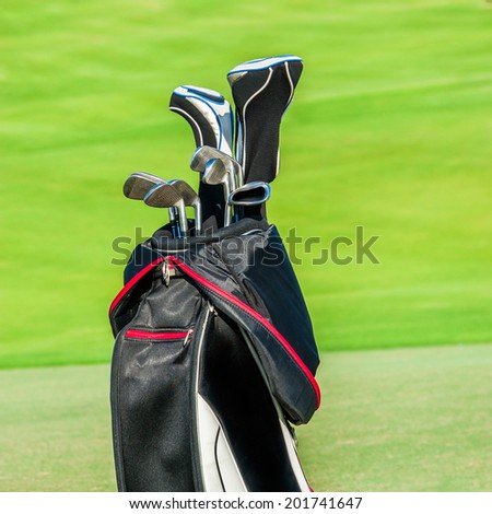 Golf club. Bag with golf clubs Green golf field and ball in grass