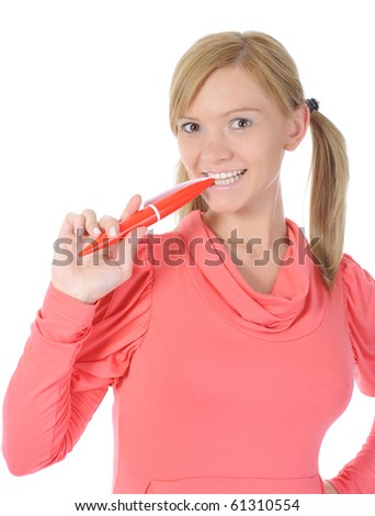 Blonde woman with a pen in hand. Isolated on white background