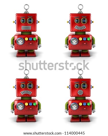 Little vintage toy robot with four different facial expressions over white background