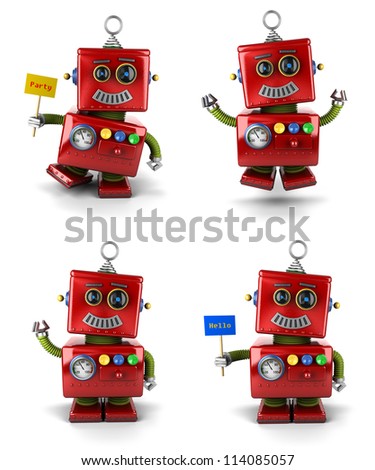 Little vintage toy robot set jumping and waving over white background