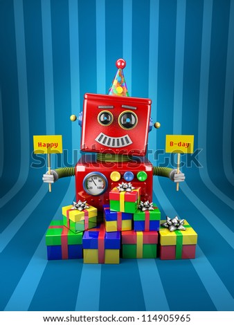 Little happy vintage toy robot holding birthday signs with presents over blue background