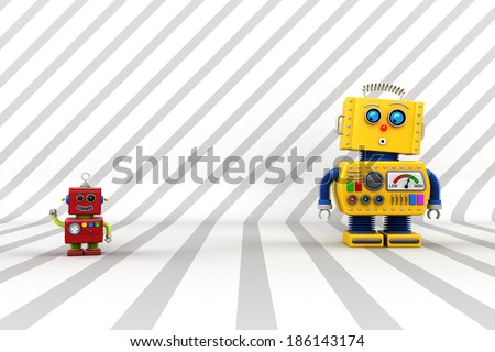 Big robot surprised about little robot waving hello in front of striped studio background