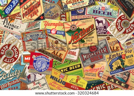 STUTTGART, GERMANY - September 24, 2015: Collection of American vintage beer labels from the 1930s-1950s.